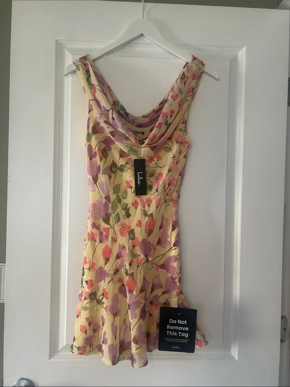 Lulu's Yellow Floral Cowl Neck Mini Dress with Pink & Purple Blooms